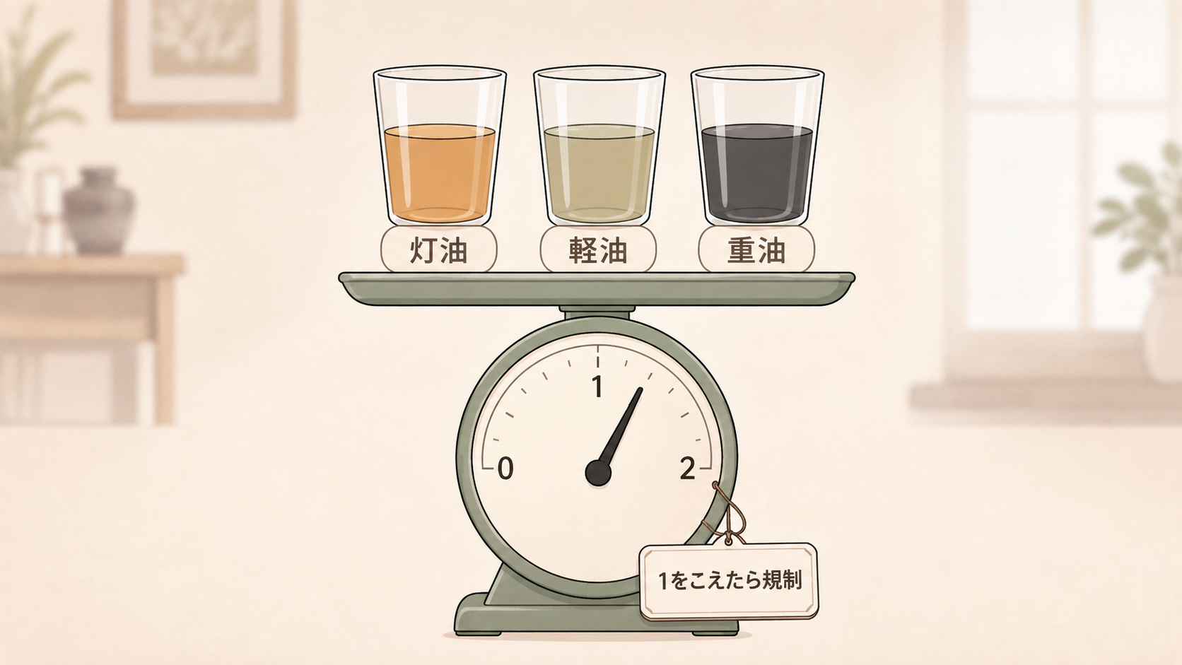 灯油・軽油・重油の3つのコップが同じ高さまで入り、矢印がはかりに集まって針が1を少し超えている図