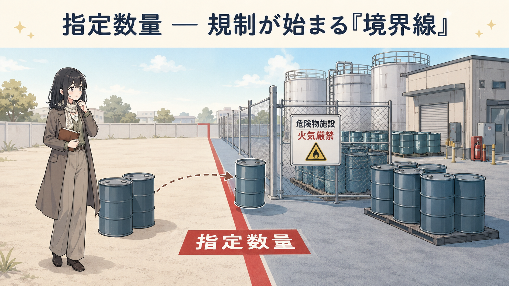 地面に引かれた赤い線の手前はドラム缶が数本の空き地、向こう側はフェンスに囲まれた許可施設という図