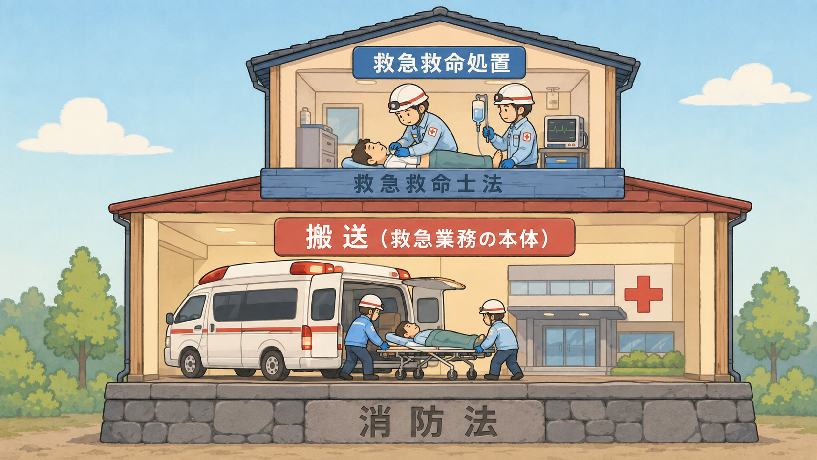 消防法を土台とした2階建て。1階が搬送で救急業務の本体、2階が救急救命処置で救急救命士法