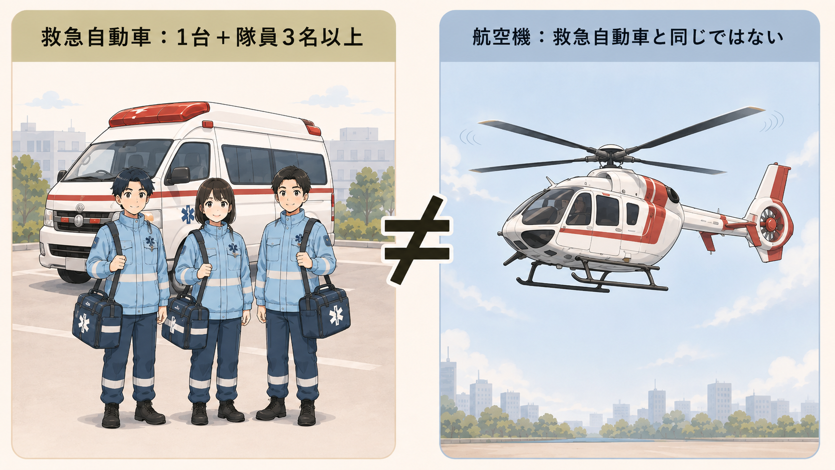 救急自動車は1台と隊員3名以上、航空機による救急隊はそれと同じではない