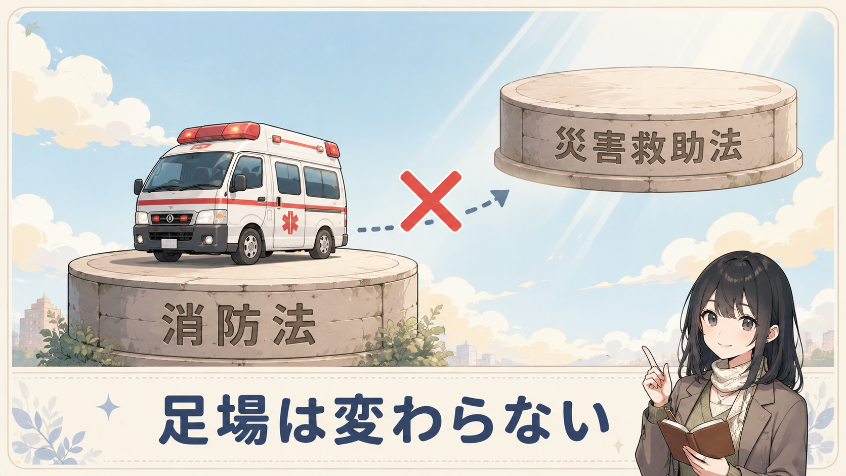 災害救助法が適用されても救急車は消防法の台座に乗ったまま。足場は変わらない