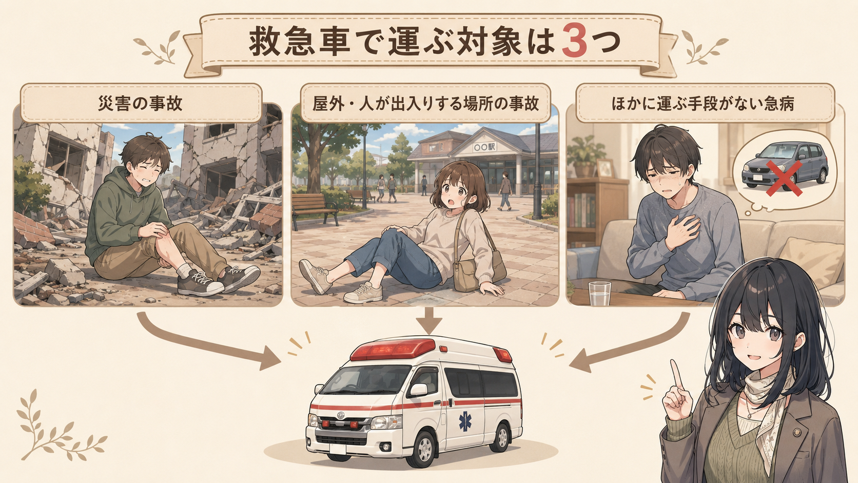 災害の事故・屋外や人が出入りする場所の事故・ほかに運ぶ手段がない急病の3つが救急車で運ぶ対象
