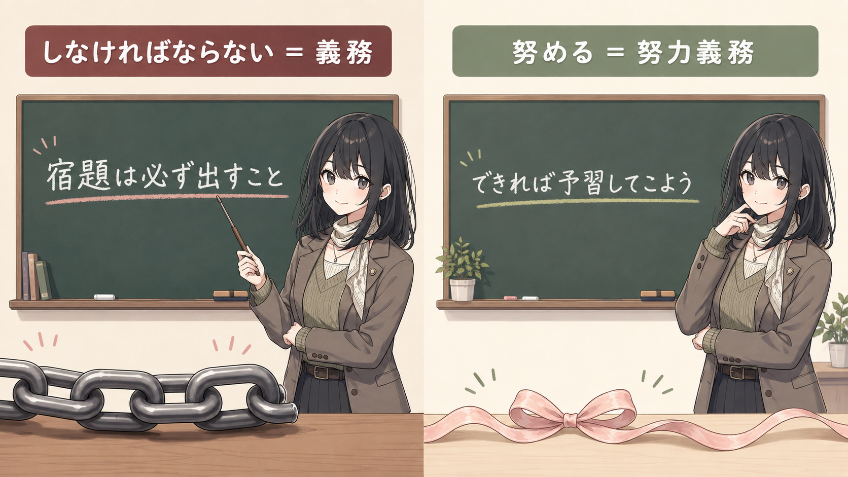 しなければならないは鎖のように強い義務、努めるはリボンのようにゆるやかな努力義務
