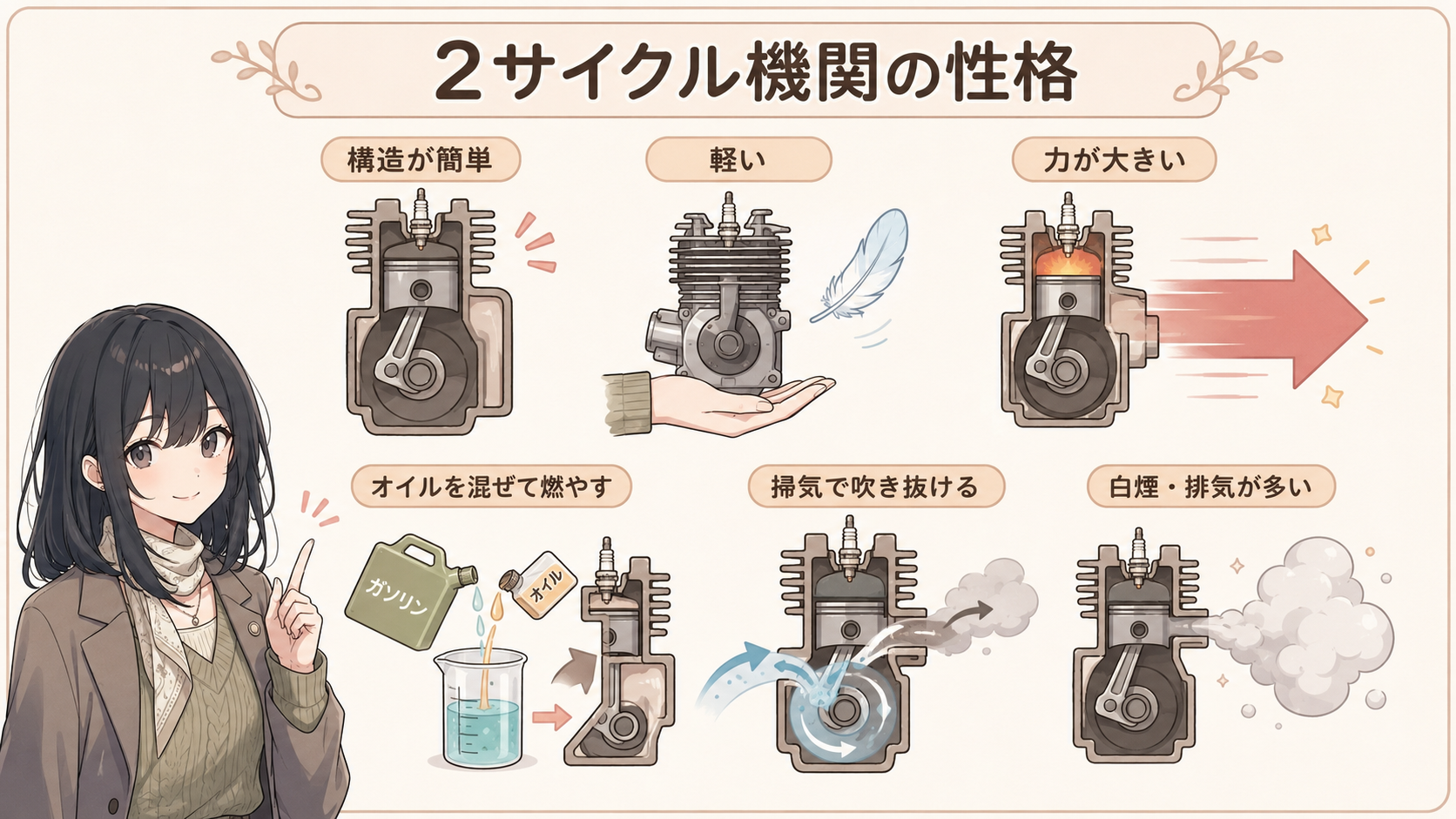 2サイクル機関の性格。構造が簡単・軽い・力が大きい・オイルを混ぜて燃やす・白煙が多い
