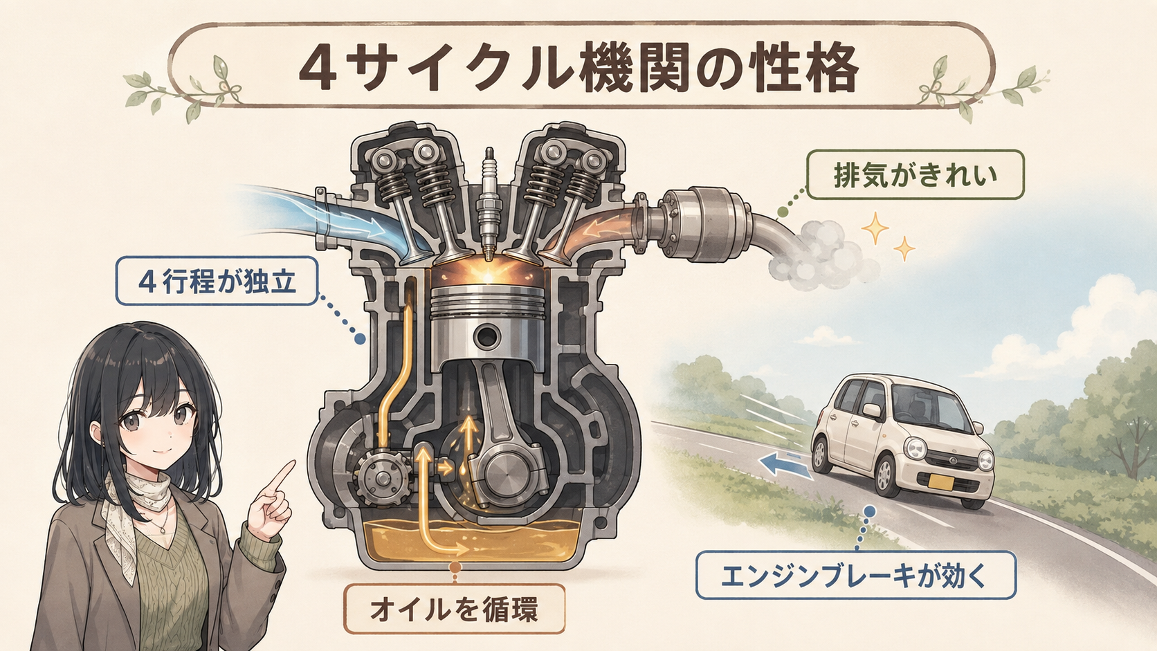 4サイクル機関の性格。4行程が独立・排気がきれい・オイルを循環・エンジンブレーキが効く