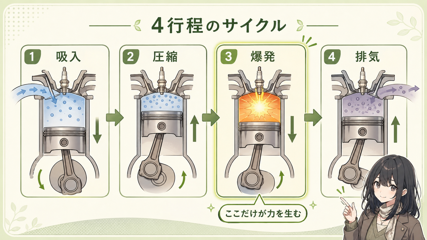 吸入・圧縮・爆発・排気の4行程を並べた図。爆発の行程だけが力を生む