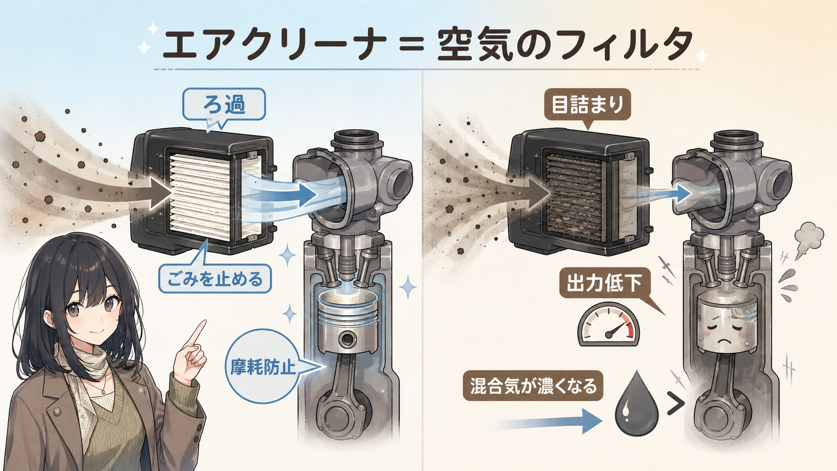 正常なエアクリーナと目詰まりしたエアクリーナの対比。目詰まりすると出力低下し混合気が濃くなる