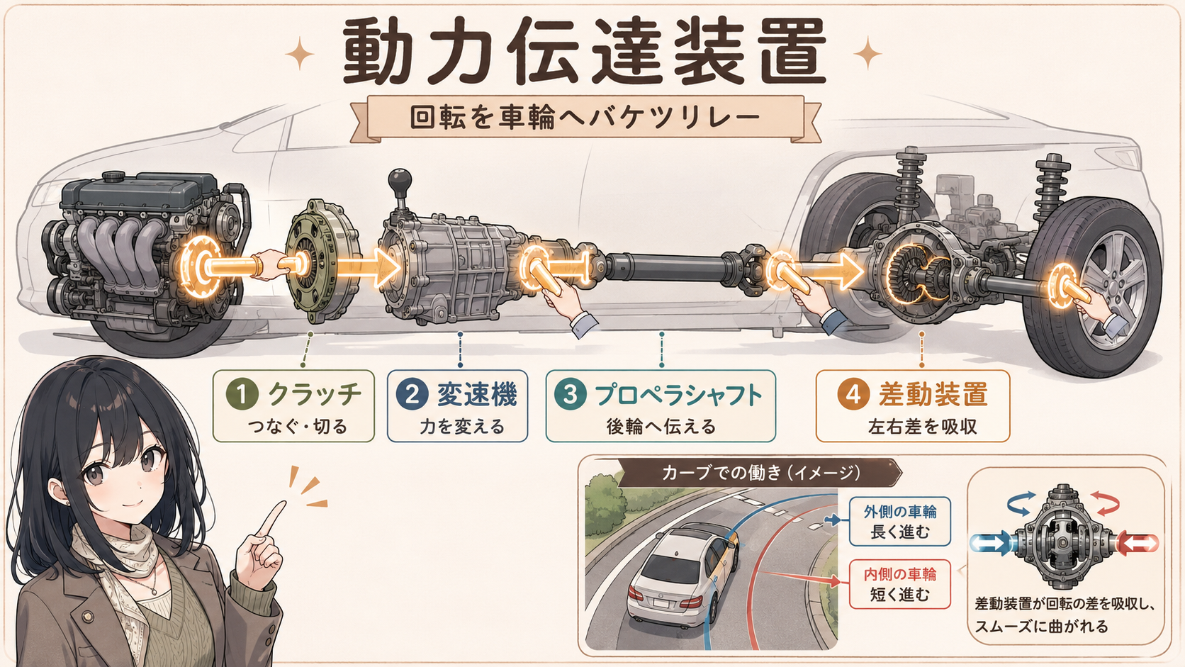 クラッチ・変速機・プロペラシャフト・差動装置が回転を車輪へリレーする動力伝達装置
