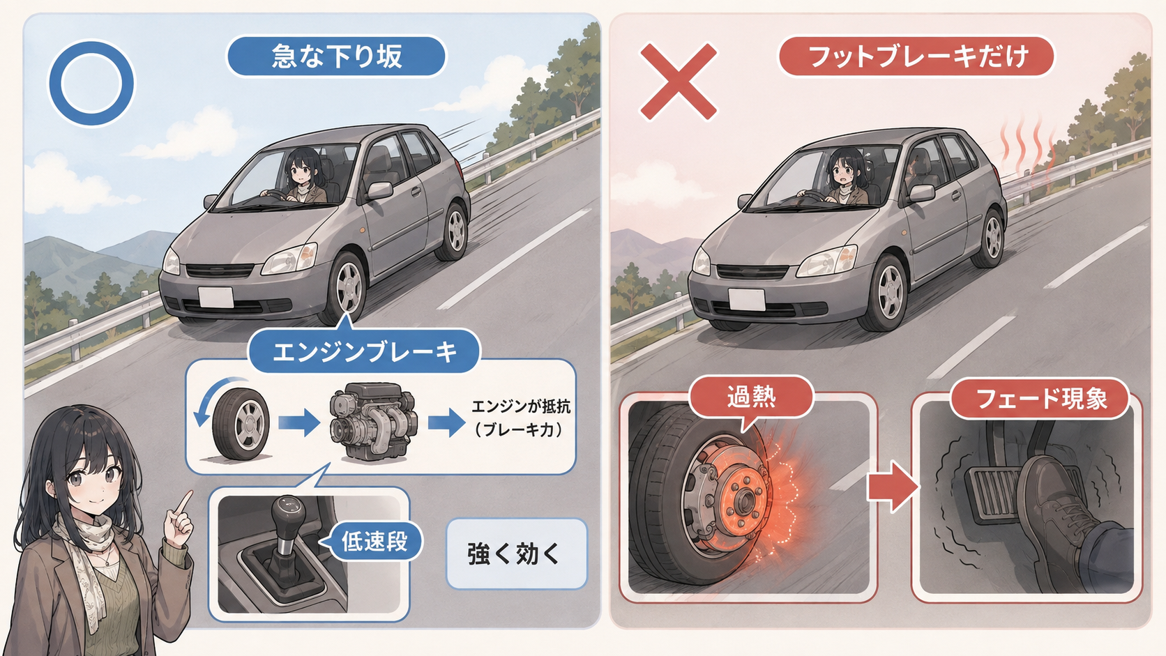 急な下り坂で低速ギヤのエンジンブレーキが強く効く場面と、フットブレーキだけで過熱する場面の対比