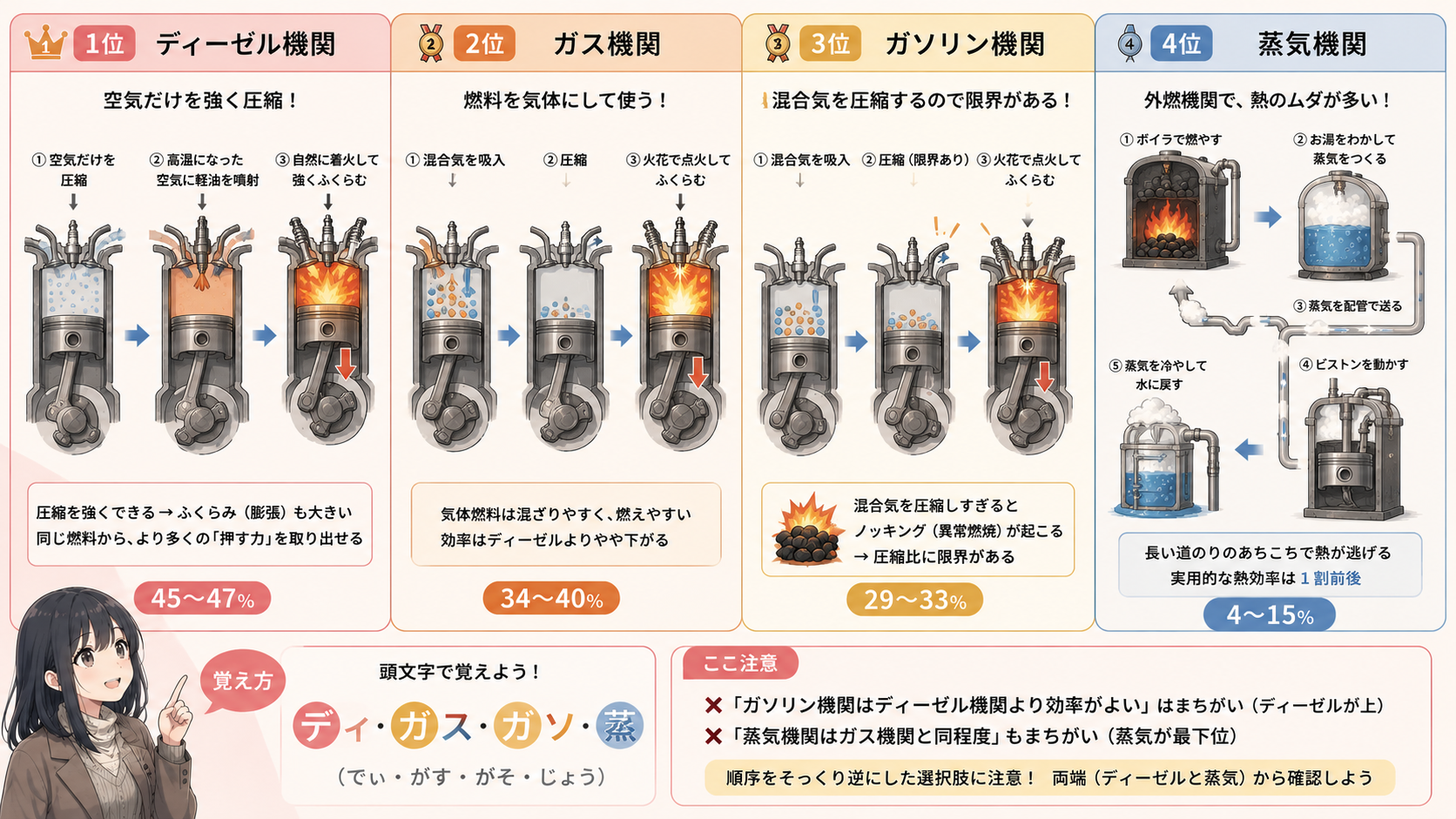 ディーゼル・ガス・ガソリン・蒸気の各機関がなぜその順位になるかの理由を並べた図解