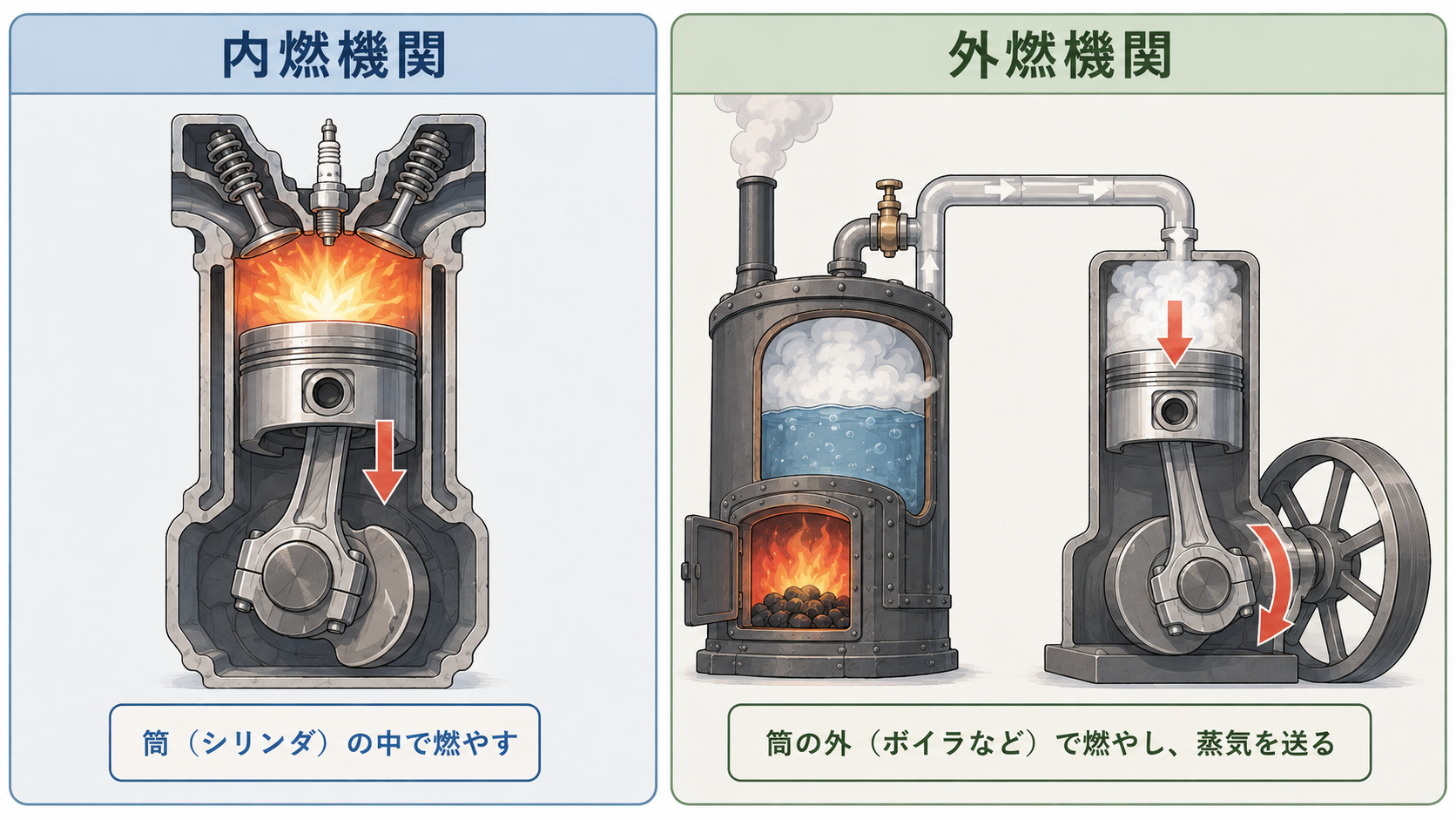 筒の中で燃やす内燃機関と、外のボイラで燃やして蒸気を送る外燃機関の対比