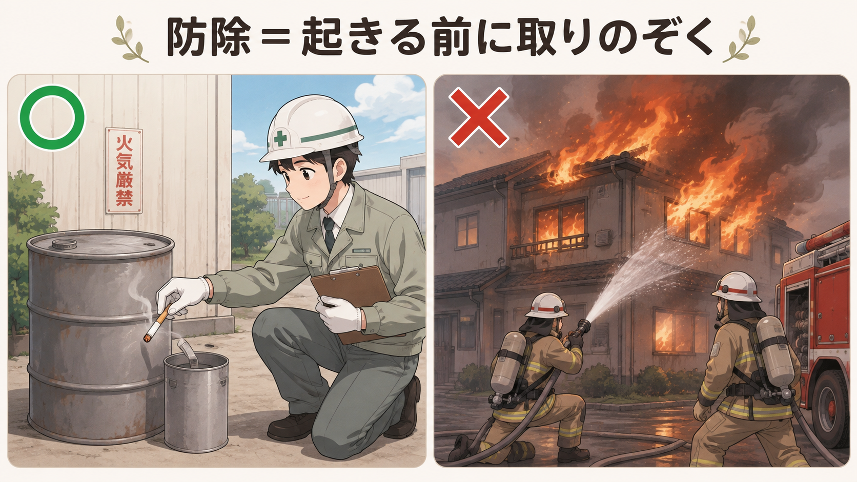 防除＝起きる前に取りのぞく。火事が起きる前に火種を見つけて取りのぞくのが防除（○）、燃えてから消すのは防除ではない（×）