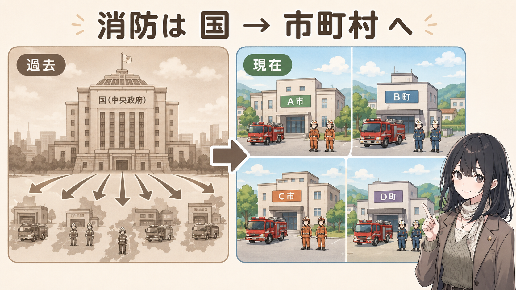 消防は国から市町村へ。過去は国（中央政府）が全国の消防を握っていたが、現在は各市町村が自分の町の消防を持つ