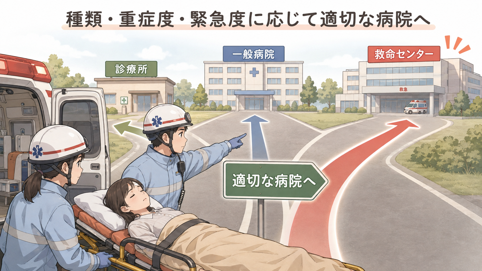 傷病者の搬送は、種類・重症度・緊急度に応じて、診療所・一般病院・救命センターの中から適切な病院へ迅速に運ぶ