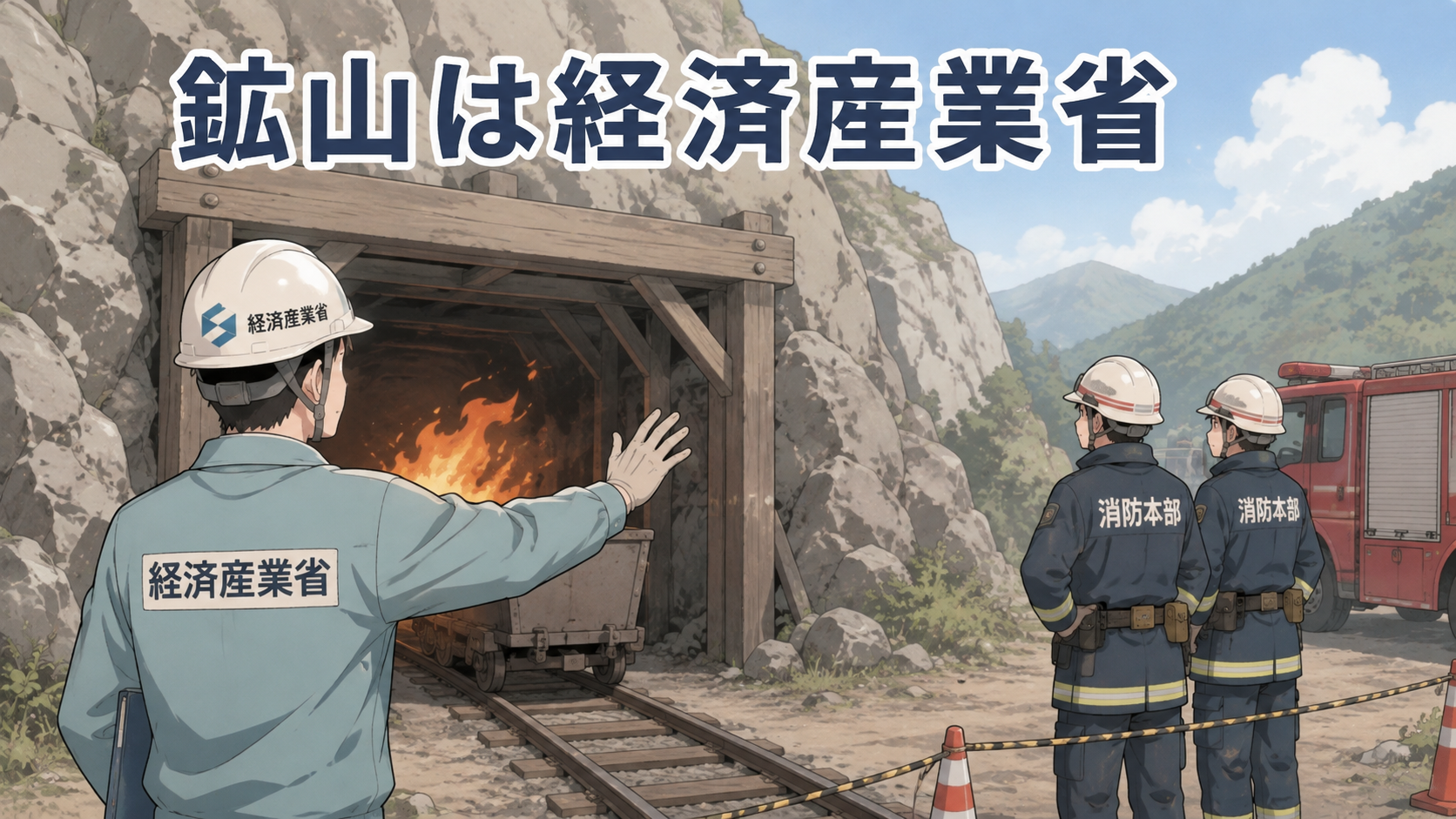 鉱山は経済産業省。鉱山トンネル入口で経済産業省の係官が対応し、消防士は外で見守る