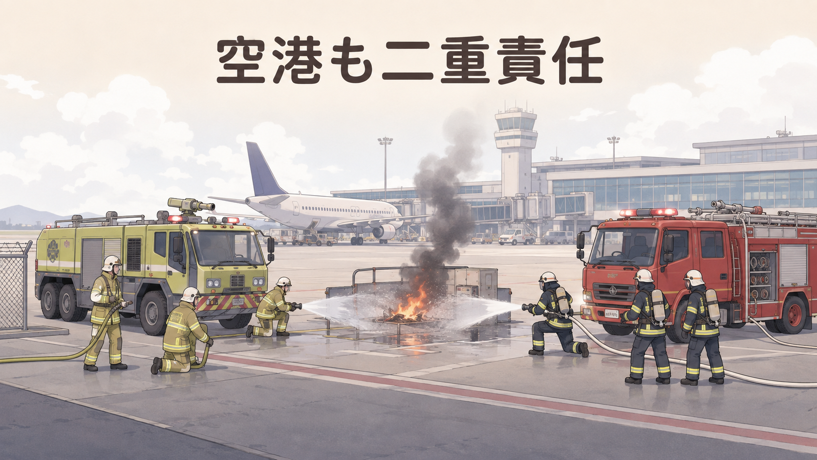 空港も二重責任。空港の自衛消防隊と市町村の消防車が一緒に火災へ対応する