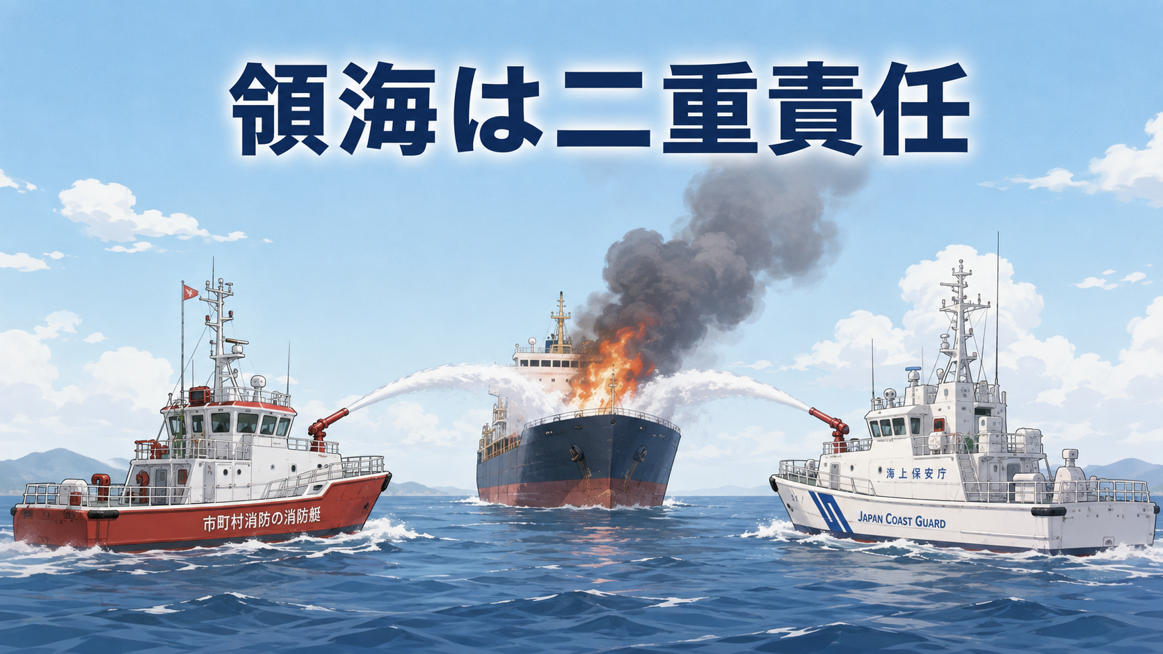 領海は二重責任。海で燃える船を市町村の消防艇と海上保安庁の巡視船が両側から放水して守る
