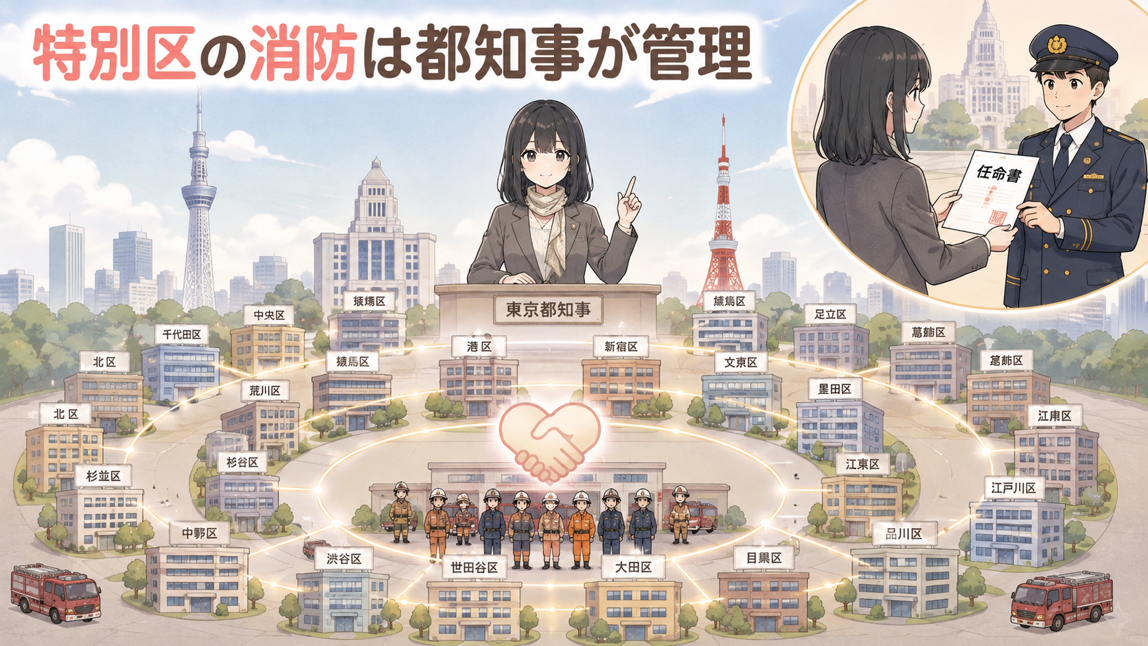 特別区の消防は都知事が管理。東京23区が連合して責任を負い、都知事が管理し、消防総監は都知事が任命する
