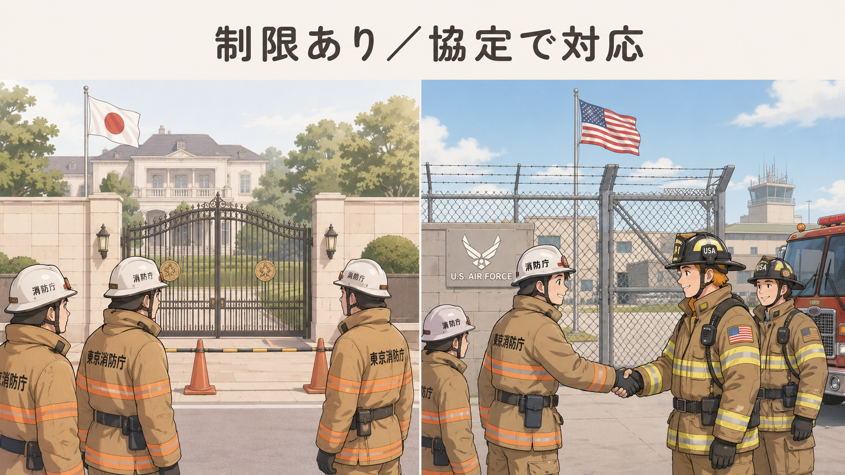 特権住宅は制限あり、米軍施設は協定で対応。大使の住宅では消防活動に一定の制限、米軍基地とは相互応援協定