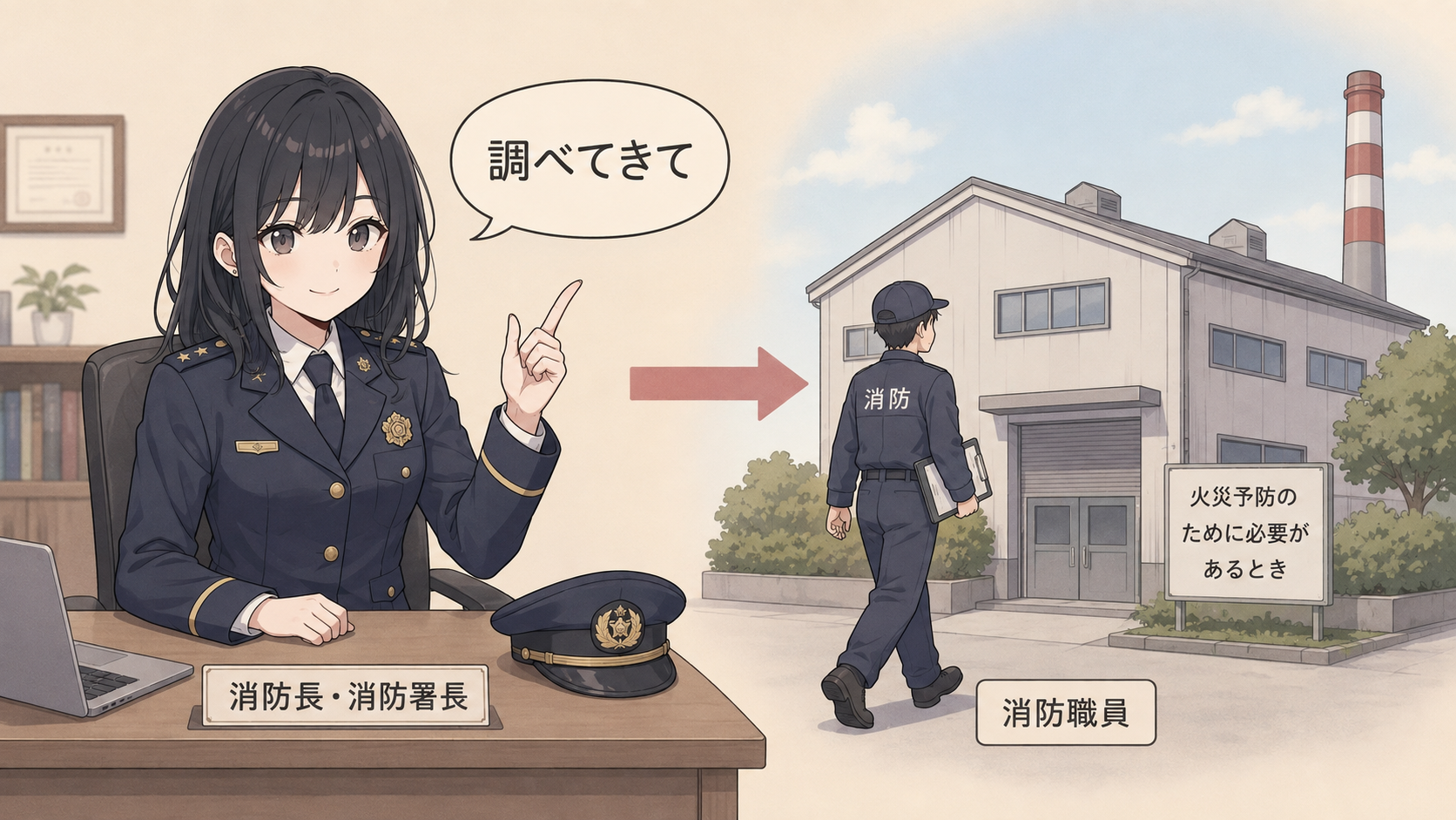 消防長・消防署長が「調べてきて」と指示し、消防職員が工場へ向かう。火災予防のために必要があるとき