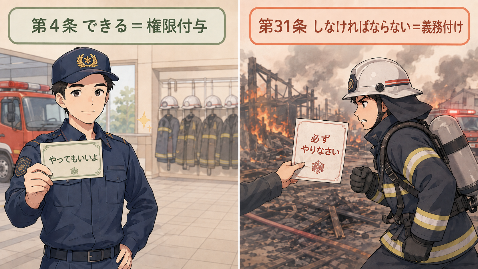 第4条は「やってもいいよ」の権限付与、第31条は「必ずやりなさい」の義務付け。書き方のちがいの対比