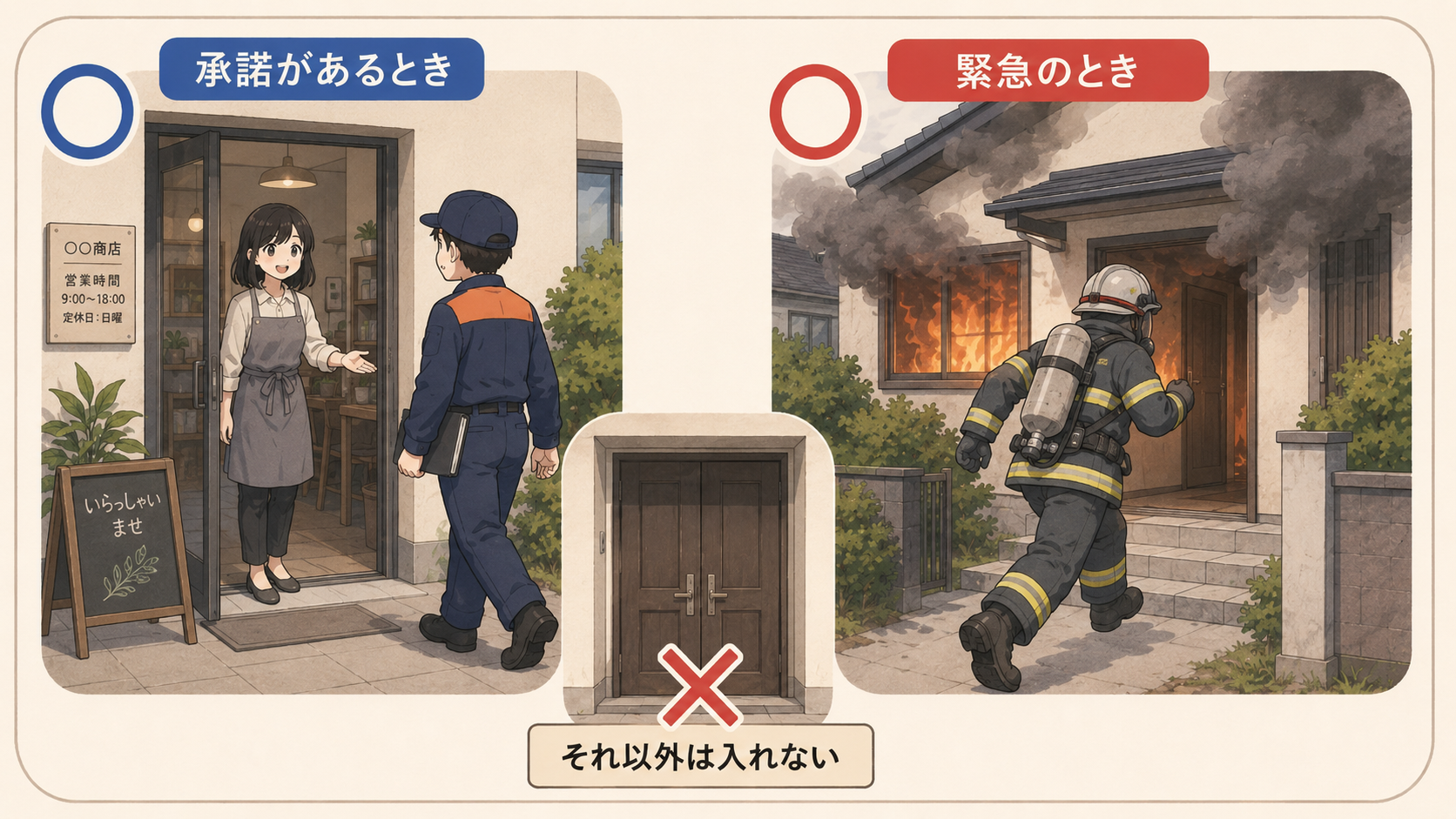個人の住居は、承諾があるときと緊急のときだけ立ち入れる。それ以外は入れない
