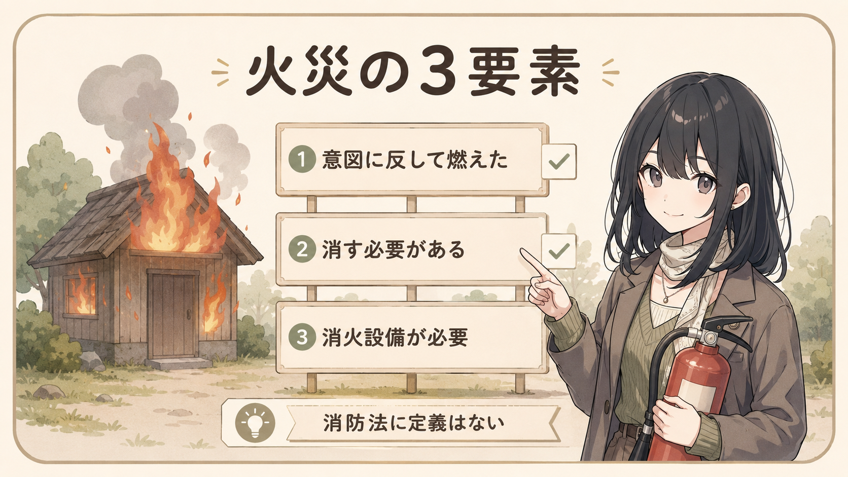 火災の3要素。①意図に反して燃えた ②消す必要がある ③消火設備が必要。消防法に定義はない