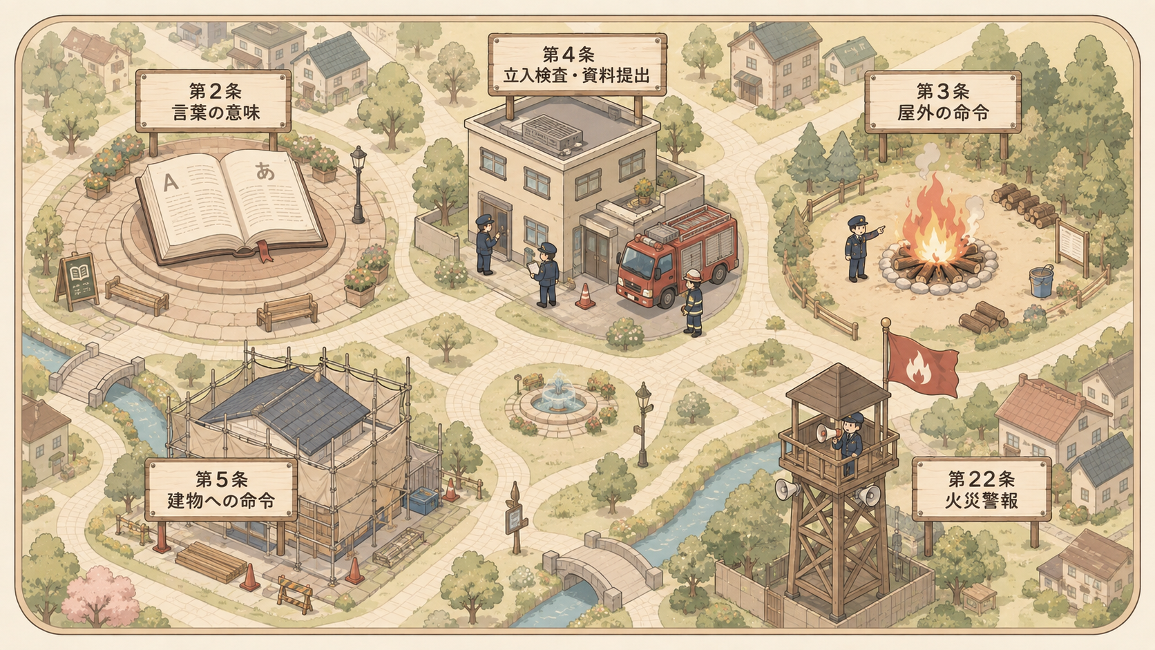 消防法第1章の全体地図。第2条 言葉の意味、第4条 立入検査・資料提出、第3条 屋外の命令、第5条 建物への命令、第22条 火災警報