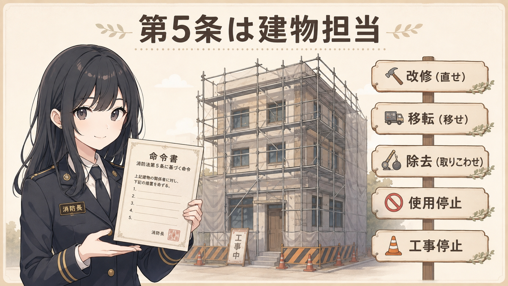 第5条は建物担当。改修（直せ）・移転（移せ）・除去（取りこわせ）・使用停止・工事停止の命令メニュー