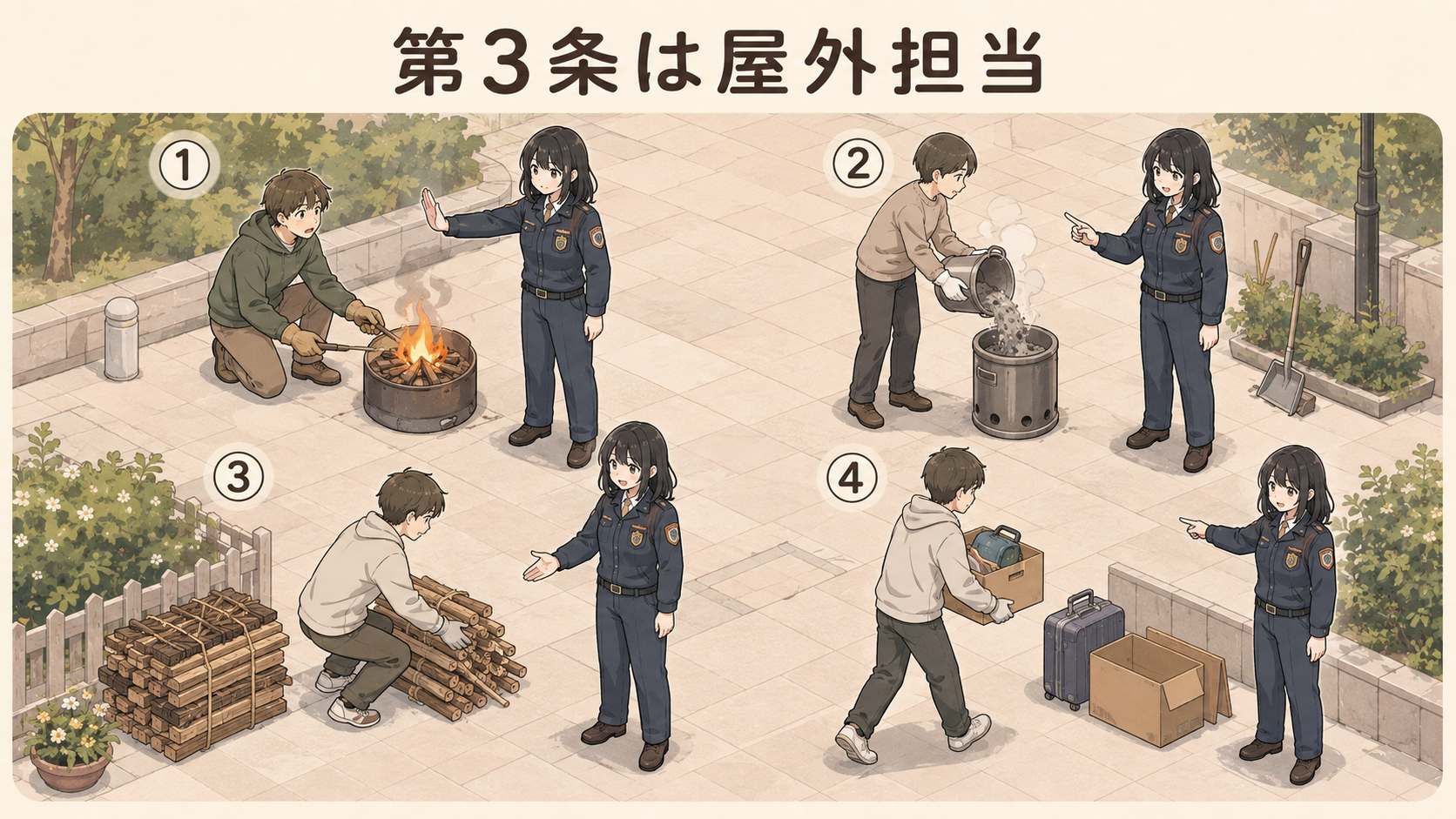 第3条は屋外担当。たき火の禁止、灰の始末、燃えやすい木材のかたづけ、放置物件の整理の4パターン