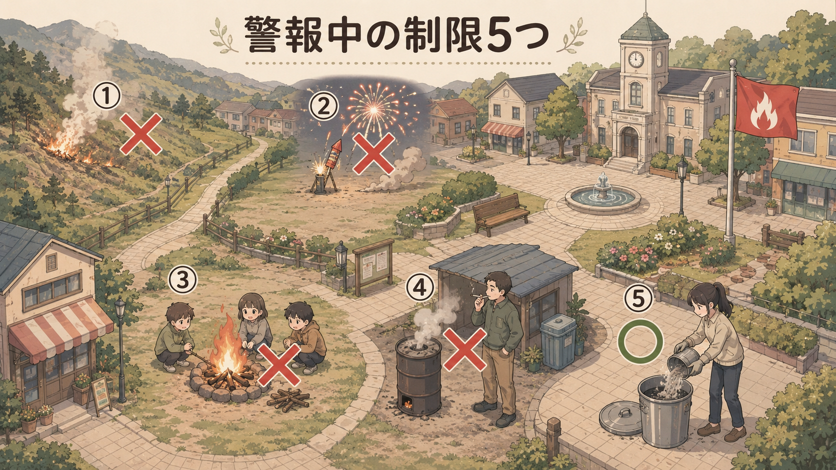 警報中の制限5つ。山の火入れ×、花火×、屋外のたき火×、屋外の可燃物付近のたばこ×、灰の始末○