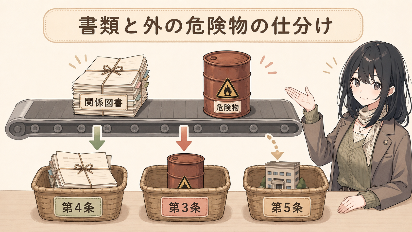 仕分けコンベア。関係図書は第4条のカゴへ、外の危険物のドラム缶は第3条のカゴへ、建物は第5条のカゴへ