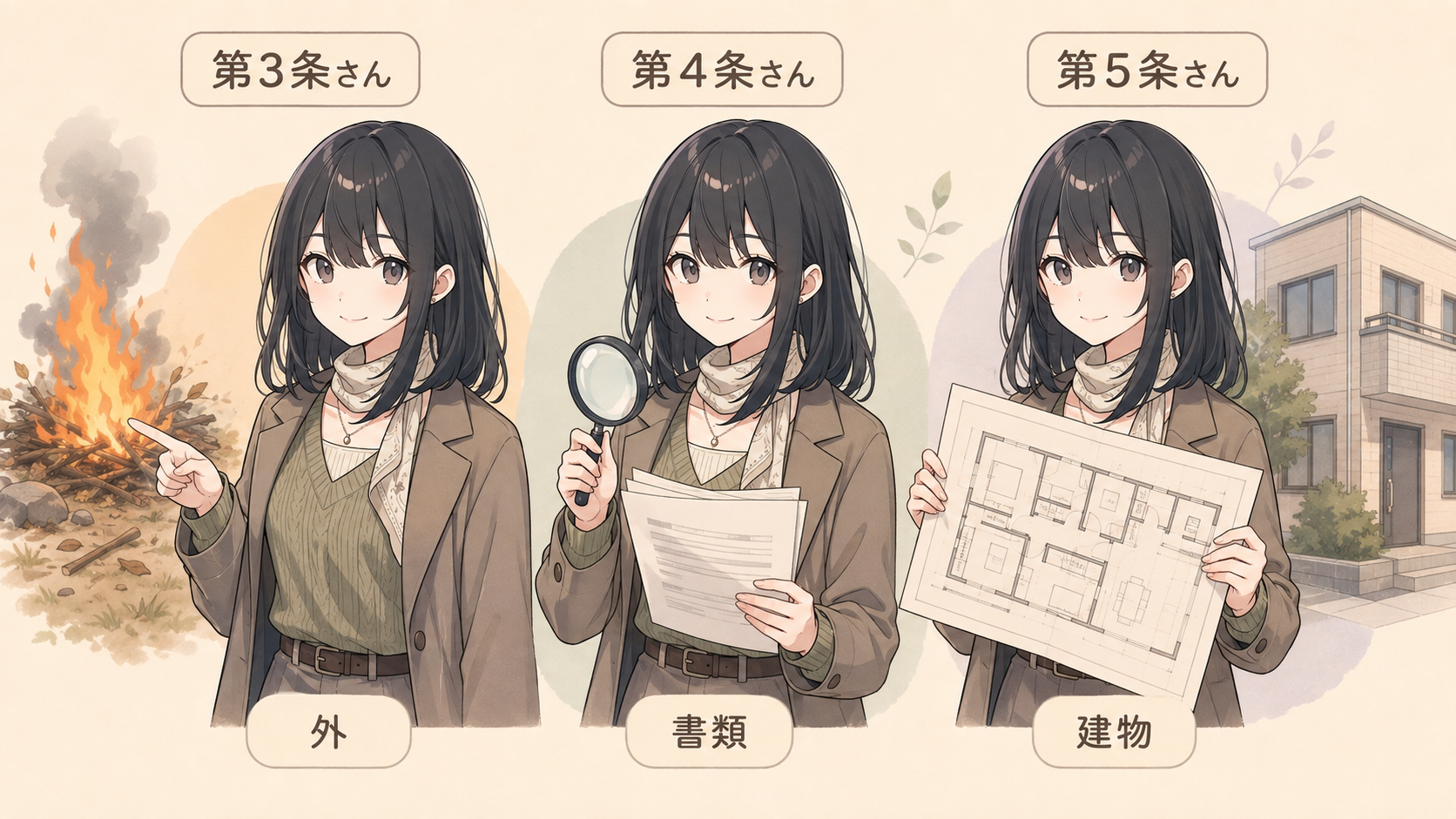 第3条さんは外の担当、第4条さんは書類の担当、第5条さんは建物の担当という3人の係員の役割分担