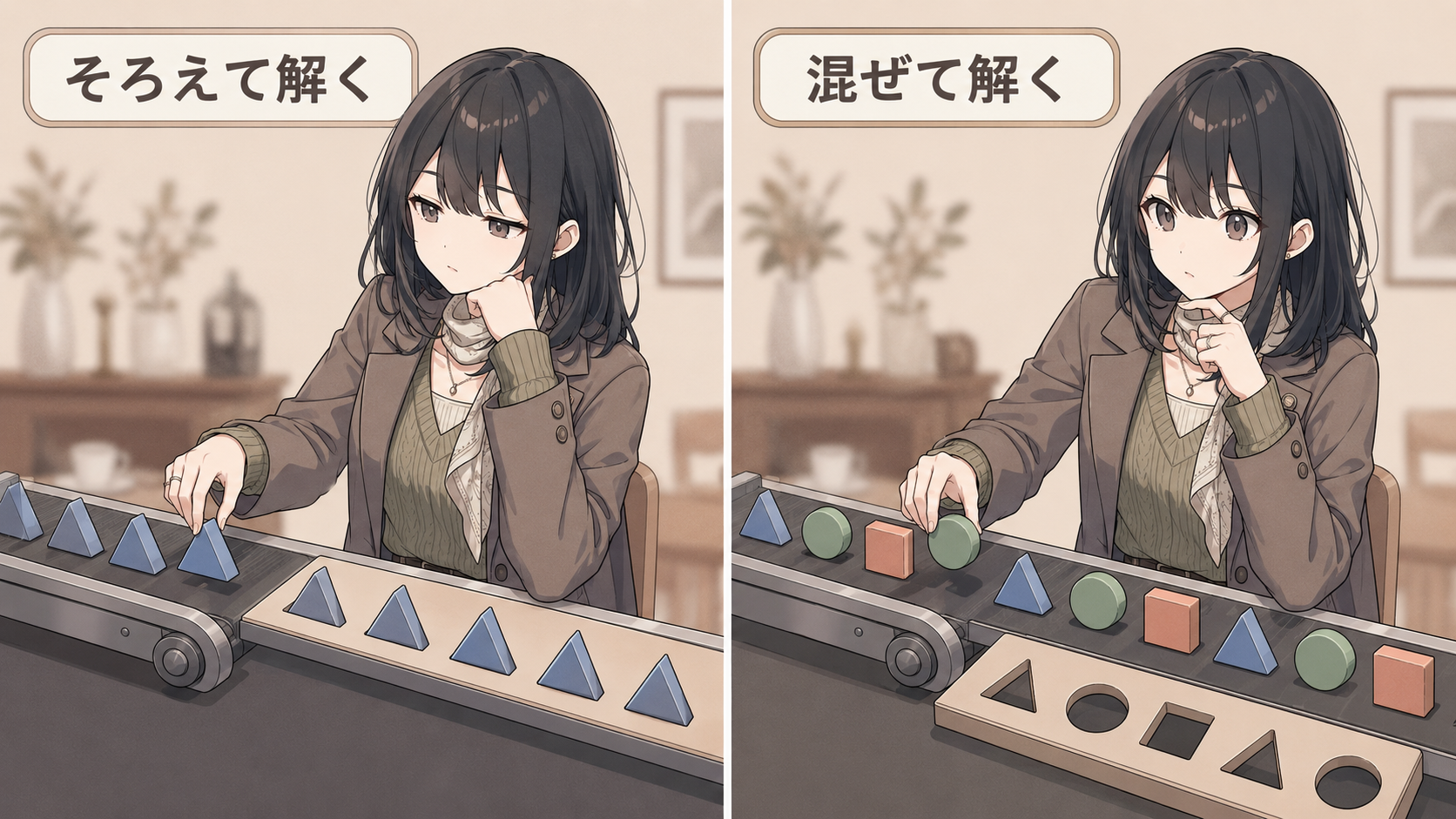 同じ形の積み木だけが流れてくる場合と、形が混ざって流れてくる場合の対比
