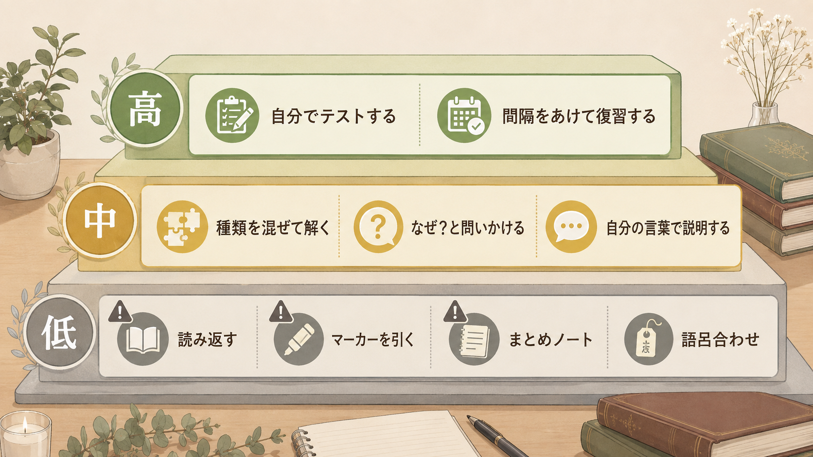 勉強法を効果の高い順に高・中・低で分類した図