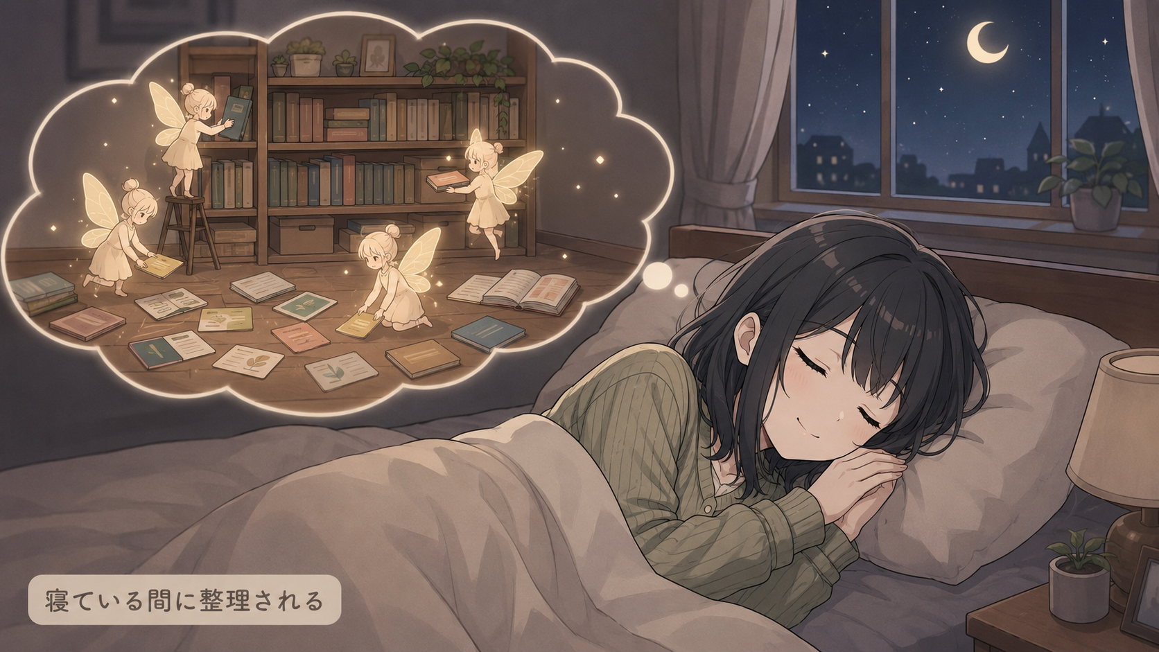 眠っている間に散らかった記憶が本棚に整理されていくイメージ