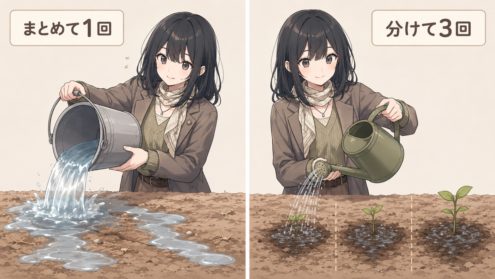 バケツで一気に水をやる場合とジョウロで分けて水をやる場合の対比