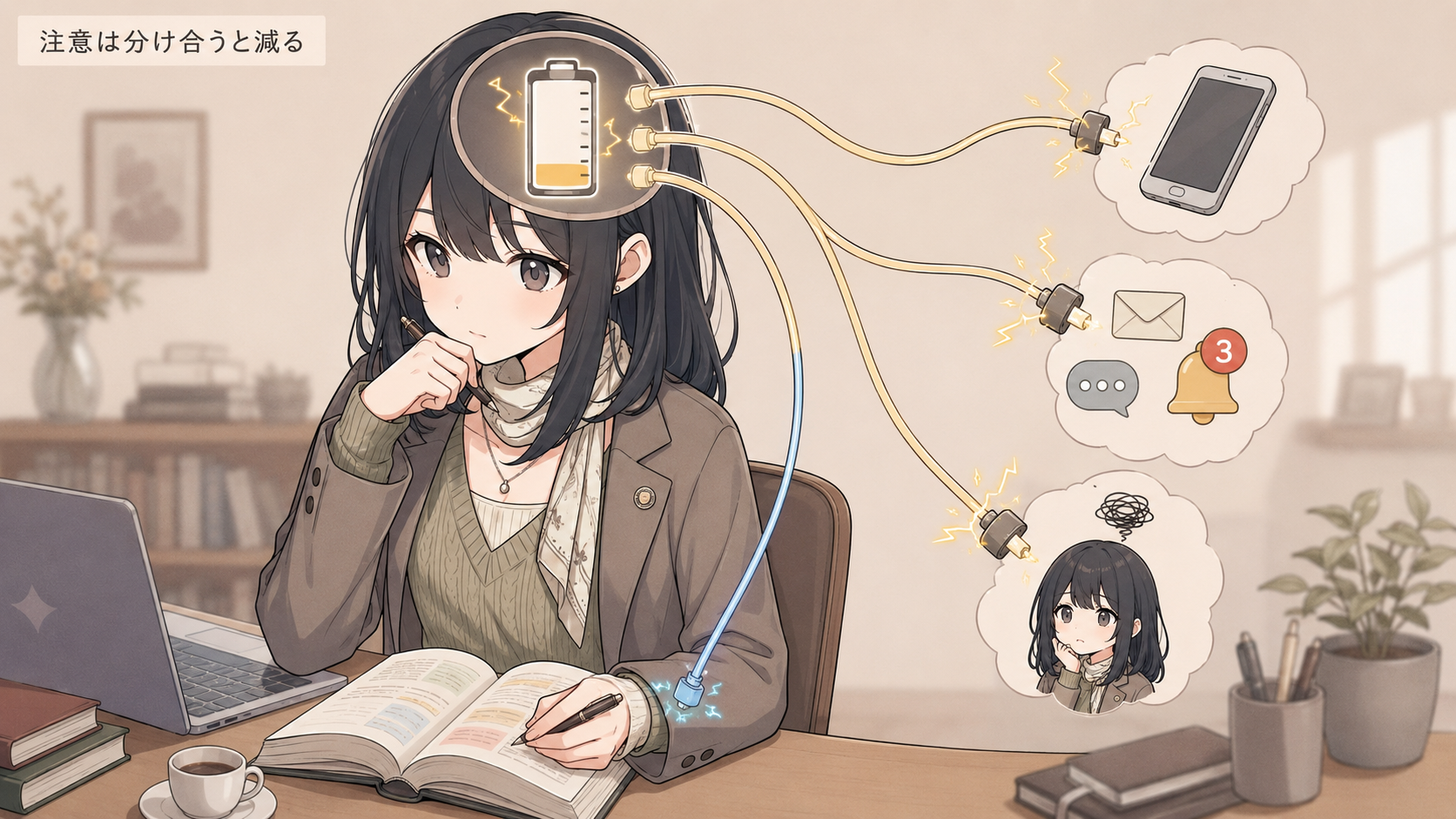 頭の中のバッテリーから、スマホや通知に電力が吸い取られているイメージ