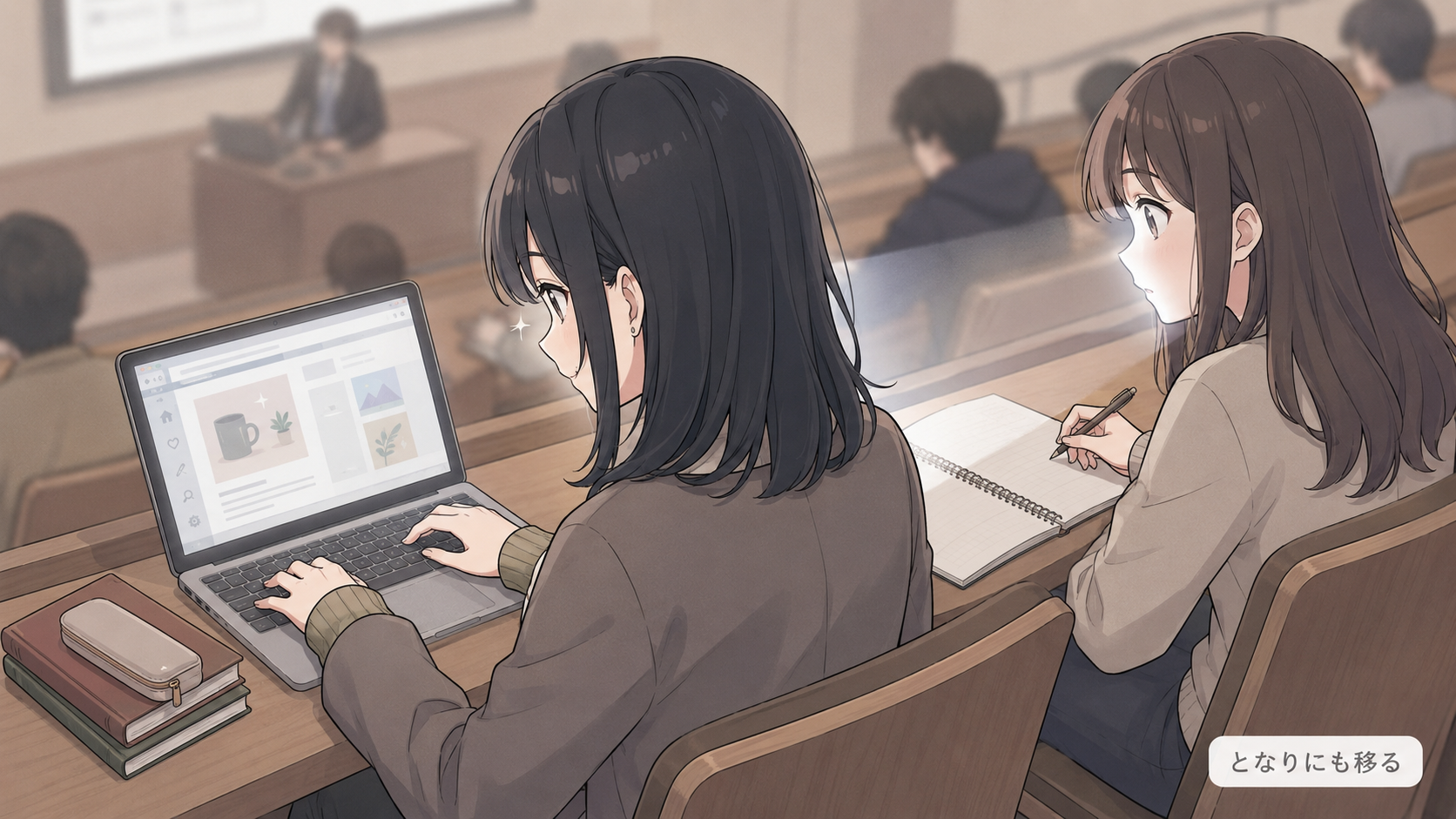 講義中にノートパソコンでながら作業をする人と、その画面を見てしまう後ろの席の人