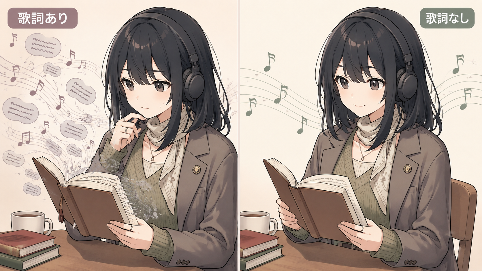 歌詞のある音楽と歌詞のない音楽を聴きながら読書する場面の対比