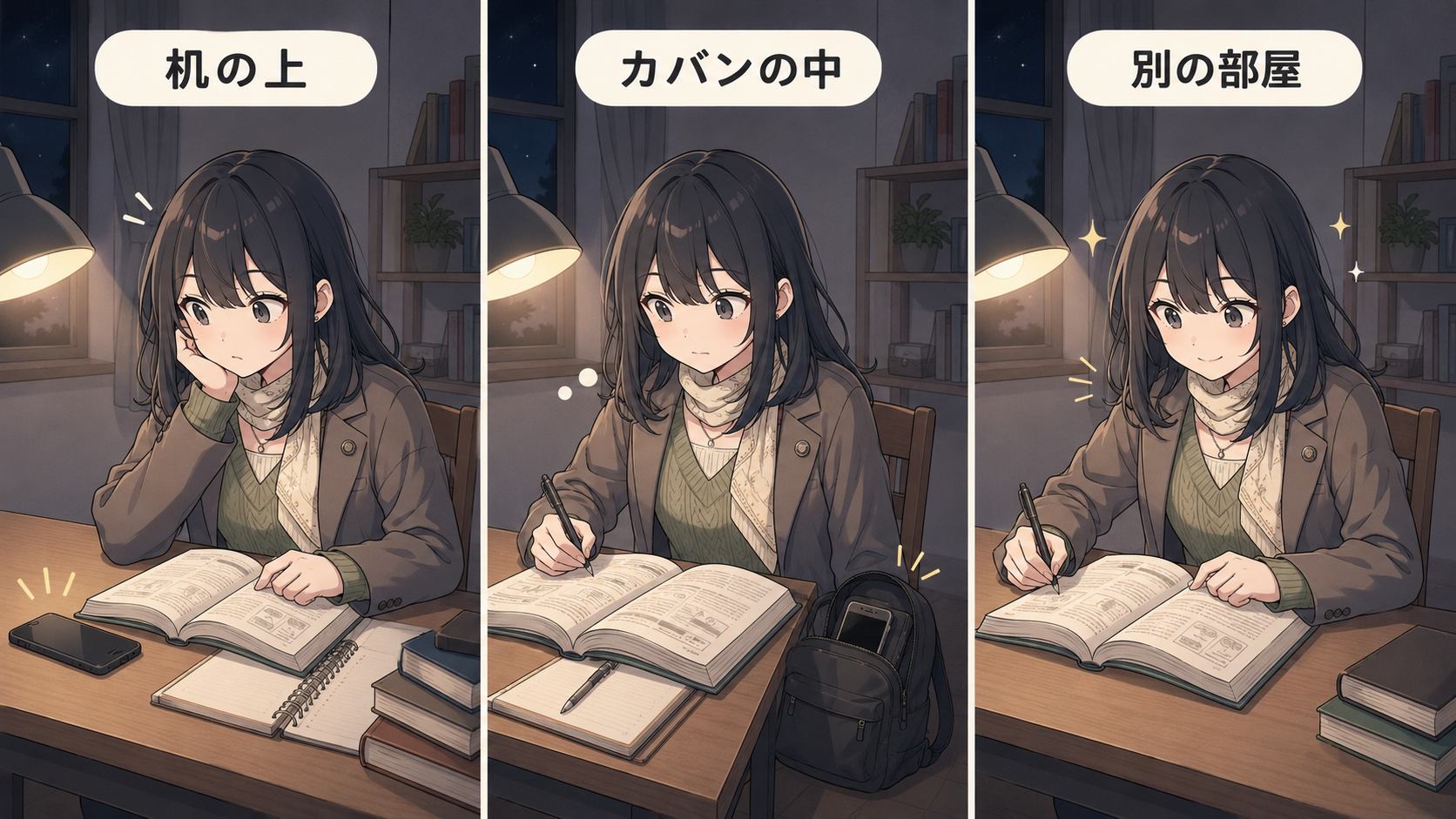スマホを机の上・カバンの中・別の部屋に置いた3つの場面の対比