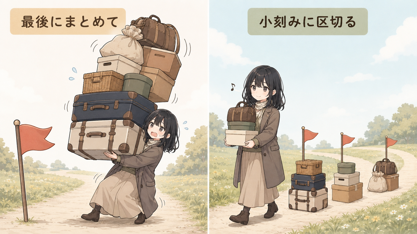 最後に荷物をまとめて運ぼうとしてつぶれる場面と、3つに分けて運ぶ場面の対比