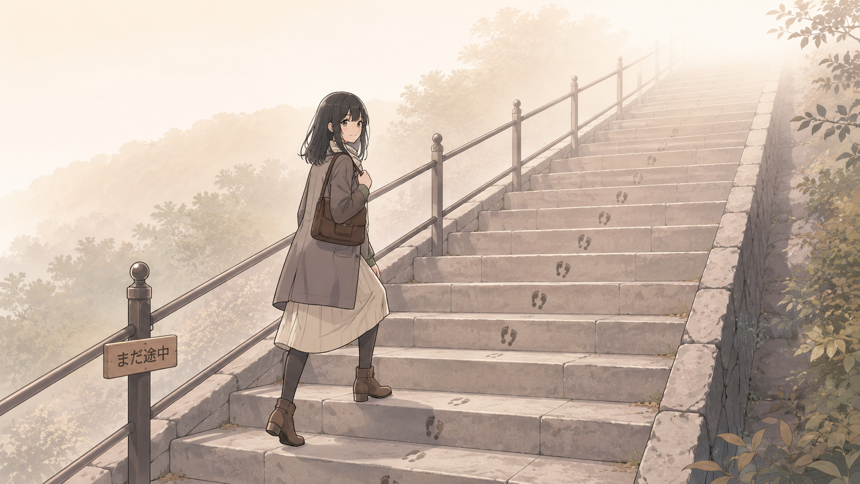長い階段を上る場面。1段だけ足あとのない段があるが、階段は途切れずに続いている