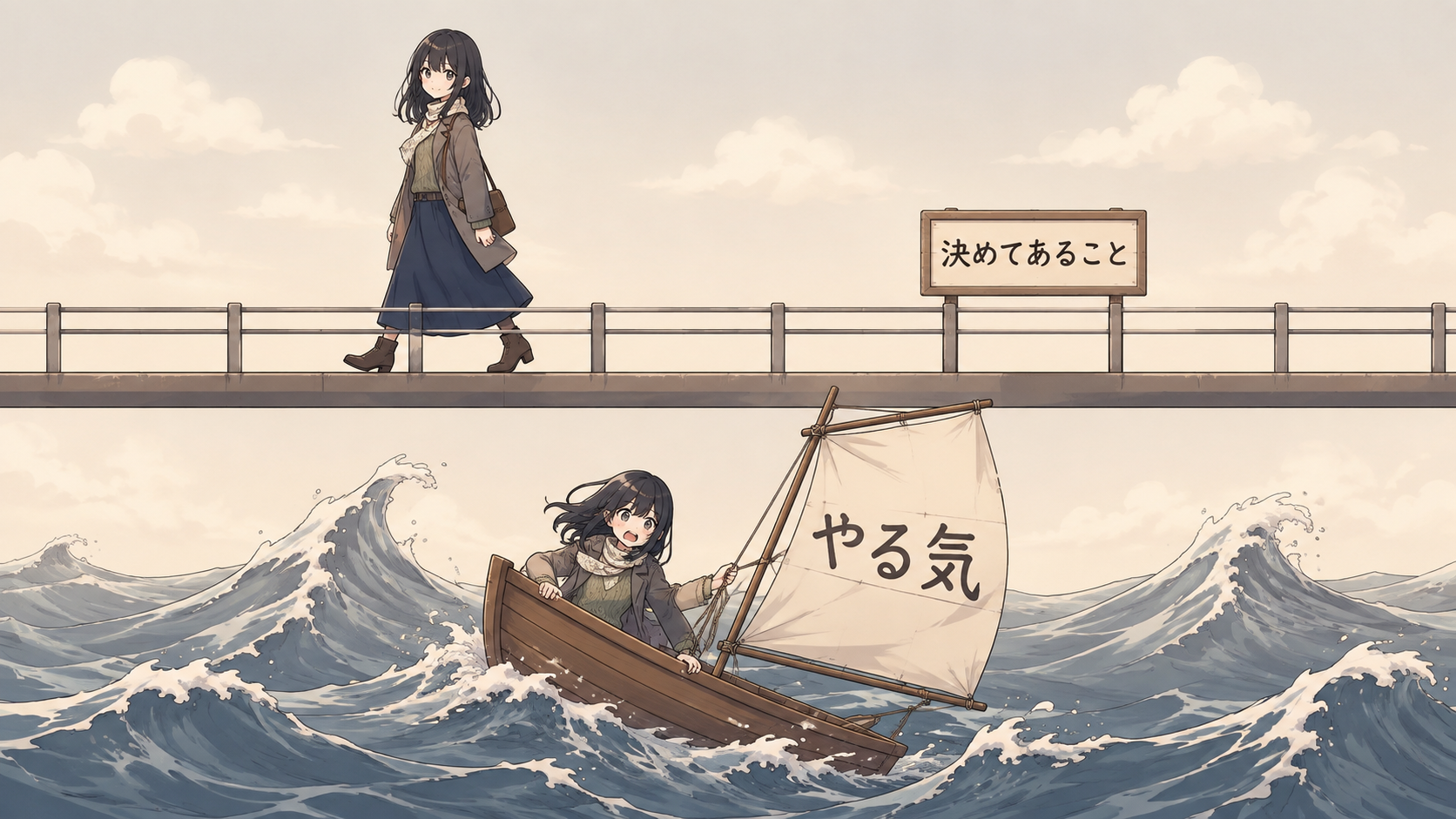 やる気の波にゆられるボートと、波の上にまっすぐ架かった橋の対比
