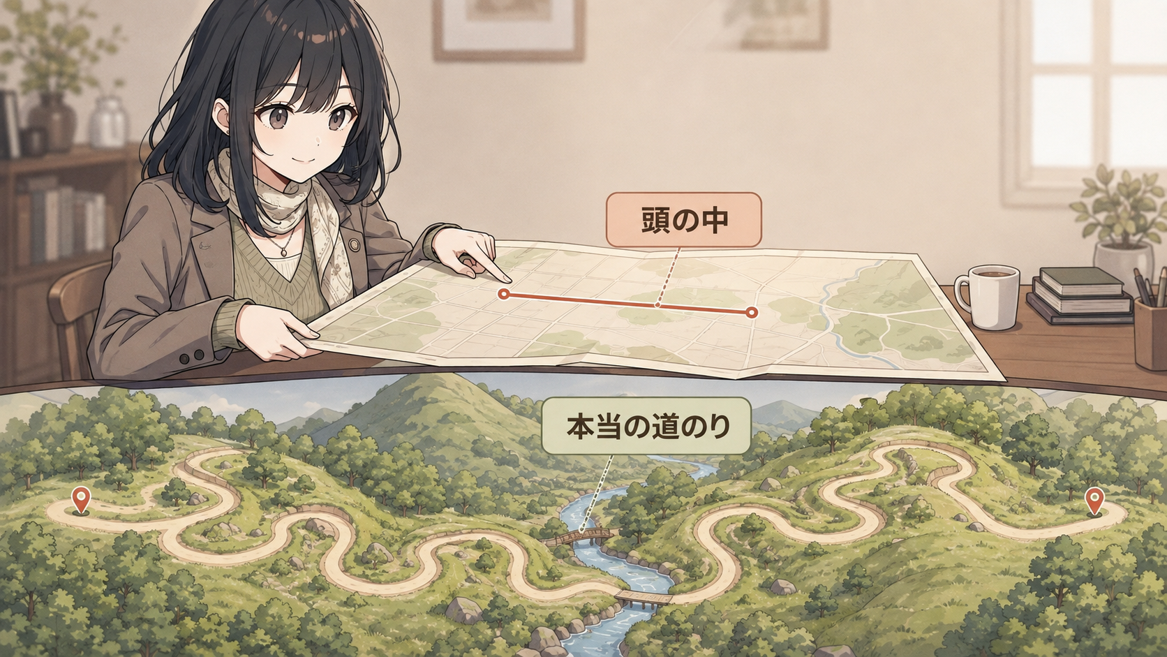 地図の上のまっすぐな短い線と、曲がりくねった実際の長い道のりの対比