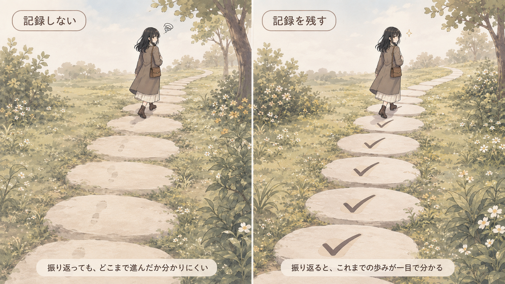 足あとが消えてしまう場面と、足あとがチェック印として残る場面の対比