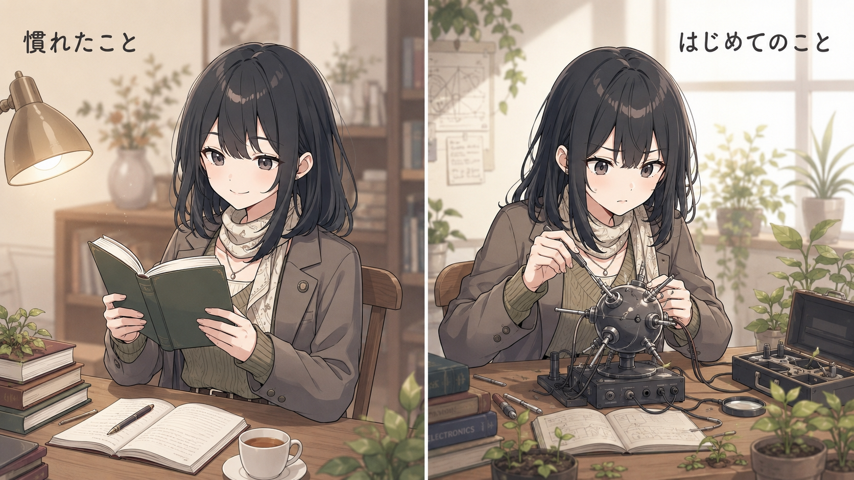 慣れた本をゆったり眺める場面と、はじめての道具に格闘する場面の対比