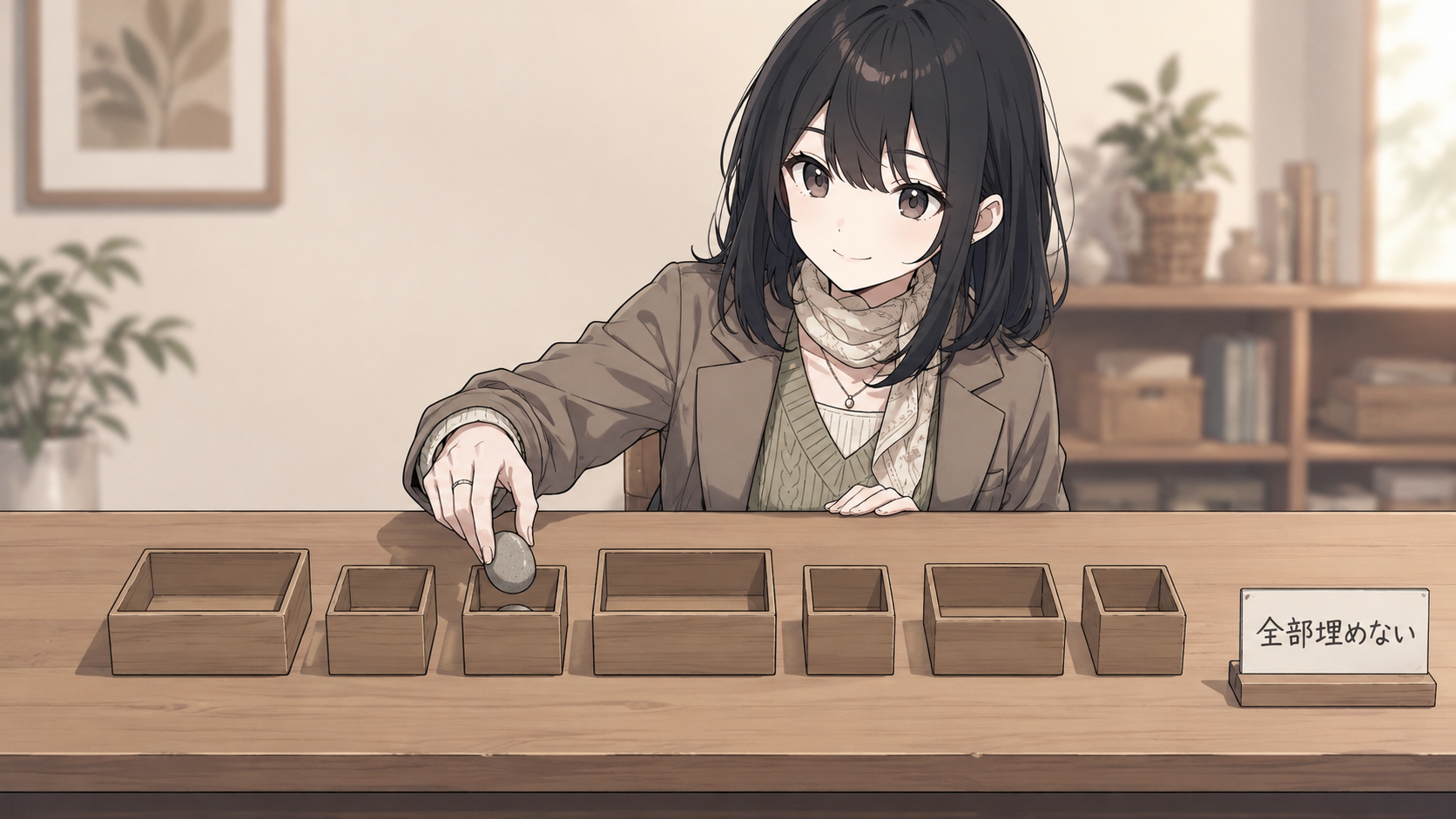 7つの木箱のうち、いくつかだけに荷物を入れている作業台。「全部埋めない」の札