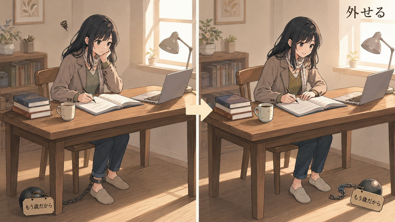 「もう歳だから」と書かれた重りを自分でつけている場面と、それを外した場面の対比