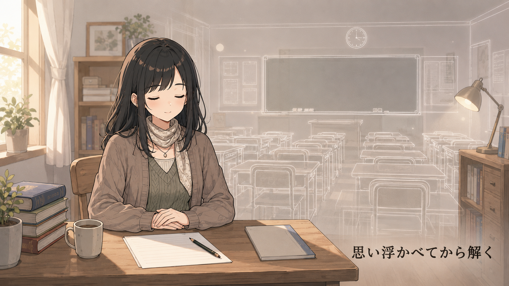 自宅の机に試験会場の輪郭が半透明に重なって見えている場面